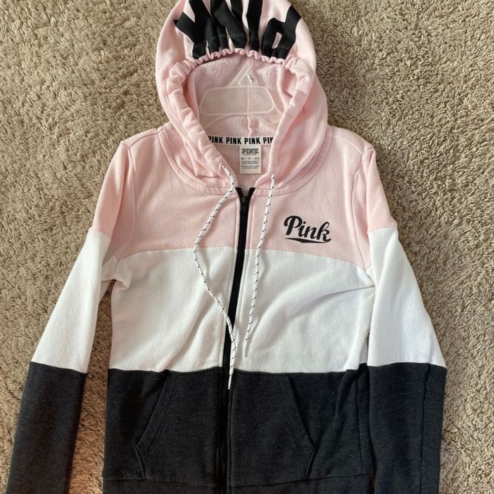 PINK Pink, White, and Black Zip-Up Hoodie Size Small